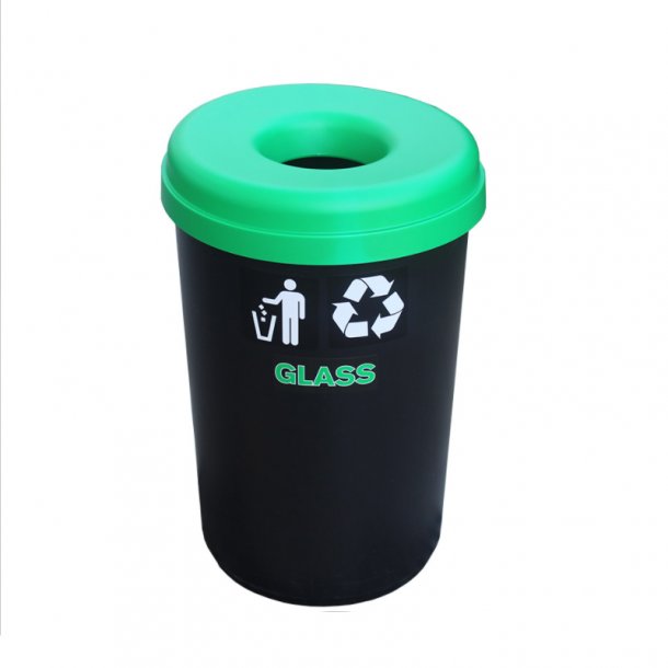 Black recycling bin BASIC OPEN TOP 60lt, with green lid with opening.