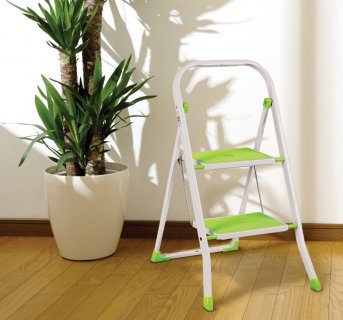 <img src=Steel Step Stool 2 Non-Slip Steps Eurogold alt=White staircase with 2 steps with green bottom of each step> 